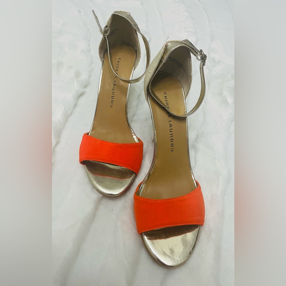 Chinese Laundry Orange and Silver Heels with Ankle Strap